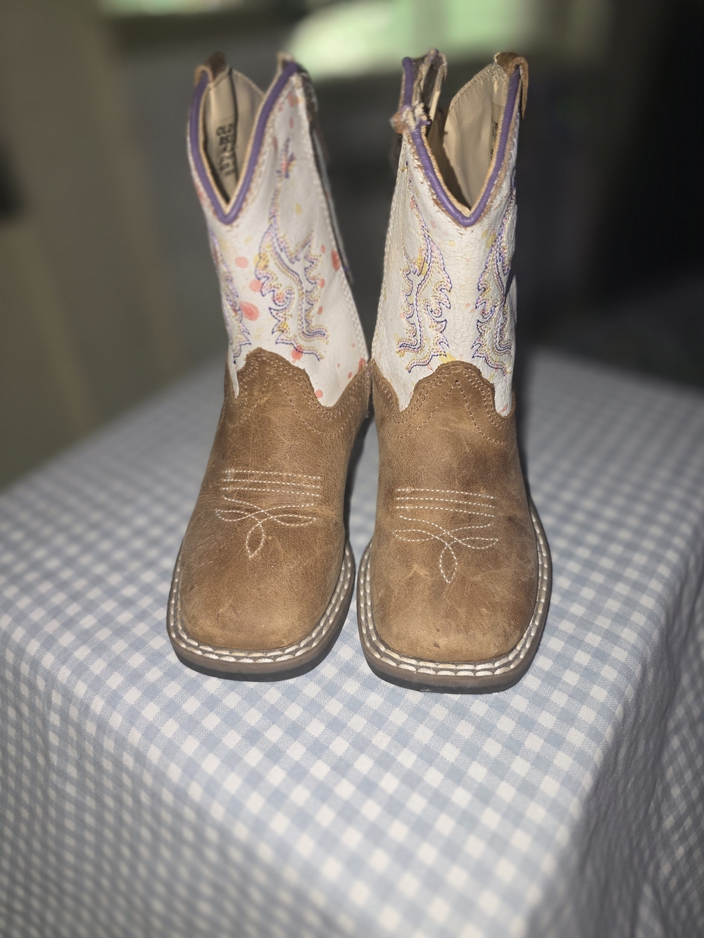 Old West Brown and White Girls Kids Western Boots with Purple Trim